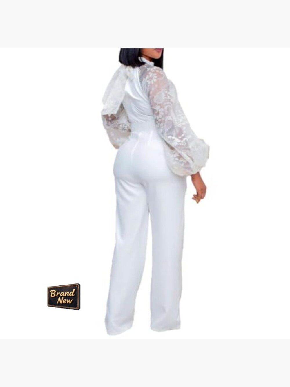 Lantern Sleeve Jumpsuit Formal Belted High Neck Polyester Wedding Guest - Picture 2 of 7